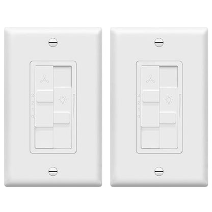 TOPGREENER Combo Dimmer Switch with 3-Speed Fan Control, Light and Fan Combination Switch, Single Pole, 200W LED/CFL, Neutral Wire Not Required, Wall Plate Included, TGDSFS3-W-2PCS, White, 2 Pack