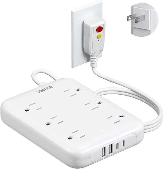 2 Prong GFCI Power Strip, VINTAR 2 Prong to 3 Prong GFCI Plug Adapter, 6ft Extension Cord with 6 Outlets & 4 USB(2 USB-C), 1050J Surge Protector, Polarized Plug Wall Mount for Non-Grounded Outlet