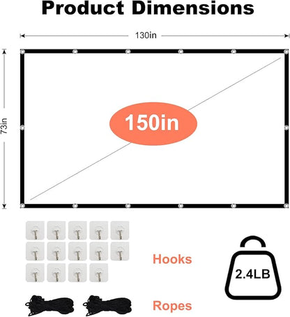 Projector Screen TOWOND 150 inch Projection Screen Indoor Outdoor Washable Anti-Crease 16:9 HD Rear Front Movies Screen for Home Theater Office