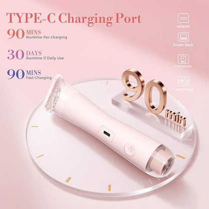 Bikini Trimmer for Women, Flyant 2 in 1 Electric Shaver for Women, Pubic Hair Trimmer Waterproof IPX7 with LED, Bikini Razor for Leg Arm Underarm Bikini Area, Christmas Gifts for Her - Rose Pink