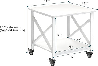 TQQDCI Printer Stand, 23.6 x 23.6 Inches Large Printer Stand with Storage Shelf, 2 Tier Printer Table for Home Office, Rolling Printer Cart with Industrial Wheels, Mini Fridge Stand Table, White