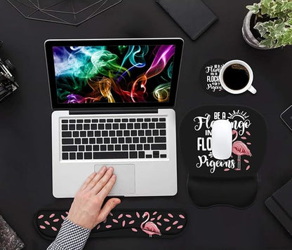 Mouse Pad Wrist Support and Keyboard Wrist Rest Set with Coasters, Inspirational Quote Be a Flamingo in a Flock Pigeons with Non-Slip PU Base Ergonomic Mousepad for Computer Laptop Home Office