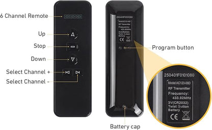 Rollerhouse AC123-06 RF433.92MHz Transmitter, 6 Channel Hand-Held Controller for Electric Blinds, Shades, Curtains, and Awnings - Black