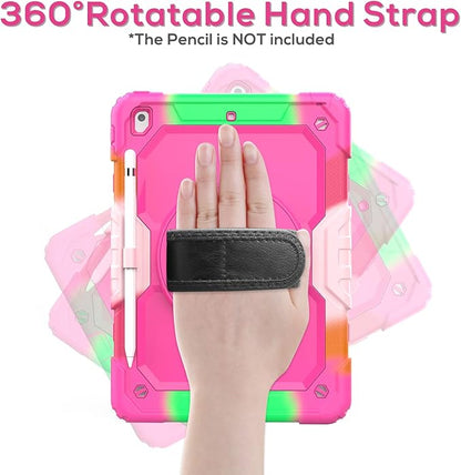 BLOSOMEET Case for iPad 9th/8th/7th Generation 2021/2020/2019 10.2 Inch for Kids Girls with Tempered Glass Screen Protector & Pen Holder| iPad 10.2 Case Cover w/Stand Hand Shoulder Strap |Rose