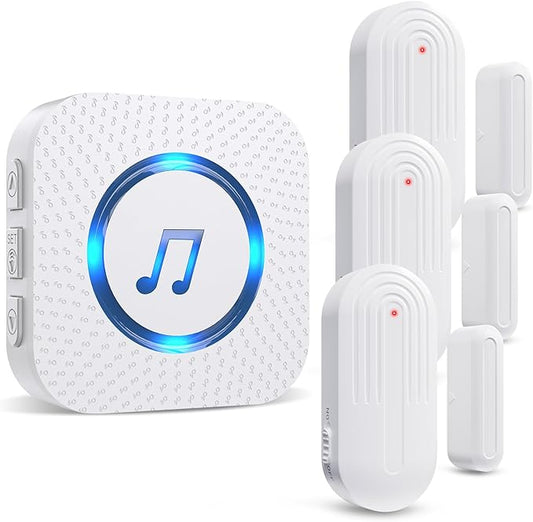 SanJie Door Sensor Chime for Door Opens， Door Entry Chime for Business/Home/Office/Store,500 FT Range,26 Chimes 5 Adjustable Volume Door Ringer Alert 3 Sensors + 1 Receivers