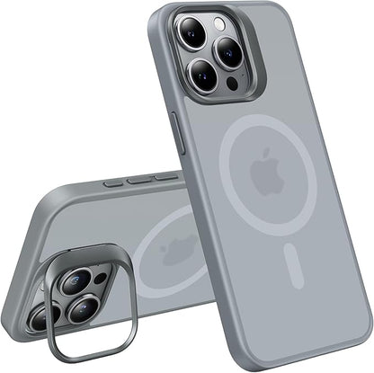 TORRAS Magnetic for iPhone 15 Pro Case, Compatible with MagSafe, Invisible Camera Kickstand, Military-Grade Shockproof Translucent Anti-Scratch Hard Back and Soft Edge Phone Case, Natural Titanium