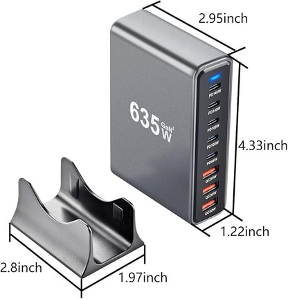 SquareWiz 635W GaN Super Fast Charging Station,8 Port USB C Charger Block for iPhone,iPad,MacBook Air Pro,Tablets,Android Phone,Multiple Port PD QC3.0 USB Type C Fast Charging Adapter Desktop Dock