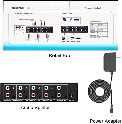 FlyroadUp 3.5mm Aux + RCA L/R Audio Splitter 1 in 4 Out Stereo Analog Audio Distributor Box