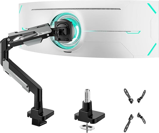 ARES WING Heavy Duty Single Monitor Arm - Gas Spring Aluminum Monitor Mount for 24"-57" Ultrawide Screens up to 66 lbs with Clamp/Grommet Desk Mount, 75/100/200 Vesa Mount, Black