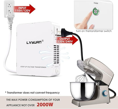 LVYUAN 2000W Voltage Transformer Step Up/Down Converter, 110V/120V to 220V/240V, Circuit Breaker Protection, 3 Year Warranty