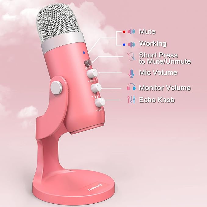 ZealSound Gaming USB Pink Microphone with Quick Mute for Phone Computer PC PS5,Studio Mic with Gain Control,Echo&Monitor Volume Adjust for Streaming Vocal Recording ASMR Podcast Video K66