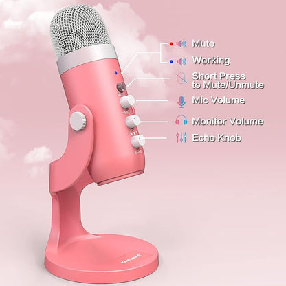 ZealSound Gaming USB Pink Microphone with Quick Mute for Phone Computer PC PS5,Studio Mic with Gain Control,Echo&Monitor Volume Adjust for Streaming Vocal Recording ASMR Podcast Video K66