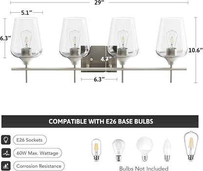 VONLUCE Bathroom Vanity Light, 4 Light Bathroom Light Fixture Over Mirror, Bathroom Wall Lamp with Clear Glass, Modern Vanity Lighting for Bathroom, Bedroom, Hallway, Brushed Nickel, ETL Certificated