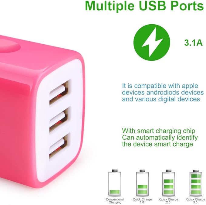 Wall Charger Adapter,USB Cubes,3Pack Universal Travel 3.1A 3 Muti Port Plug Charging Block Compatible with iPhone 16,15,14,13,12,11,SE,X,Plus,Samsung GalaxyS24,S23,S22,S21,S20 Plus,LG