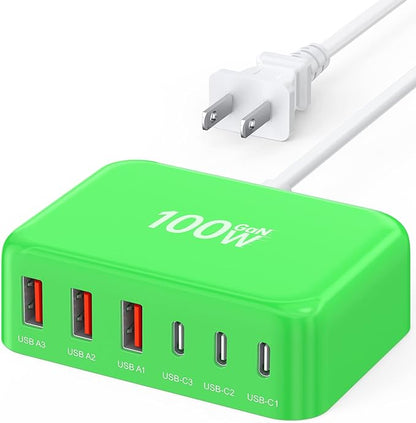 USB C Fast Charger, 100W GaN 6 Port Type C Charging Station Hub Block Cube, USB C Wall Charger Power Strip Adapter Plug for iPad iPhone 17 16 15 14 13 12 Pro Max Pixel Note Galaxy, 5ft Cord