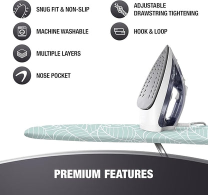 Extra Thick Ironing Board Covers with Pad Standard Size 15x54, Snug Fit Adjustable Drawstring Tightening with Stopper, Heat Reflective Coating, Nose Pocket and Fastener Straps, Green Floral