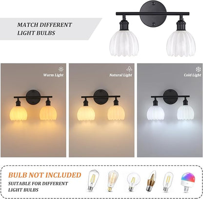Shenmoyl Bathroom Light Fixtures, 2-Light Black Vanity Wall Light Over Mirror with White Tulip Glass Shade for Bedroom Living Room (Bulb Not Included)