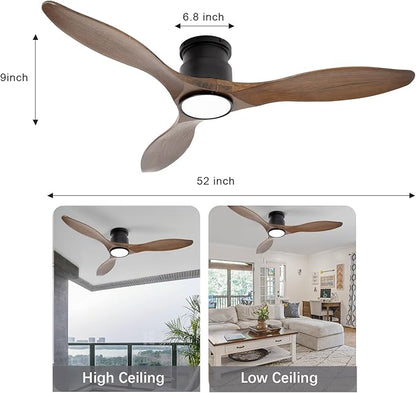revoici 52'' Ceiling Fan with Lights and Remote, 3 Blade Amber Wood Low Profile Flush Mount Ceiling Fan Indoor, Reversible 6 Speeds Dimmable LED Light Fan for Bedroom Living Room Farmhouse