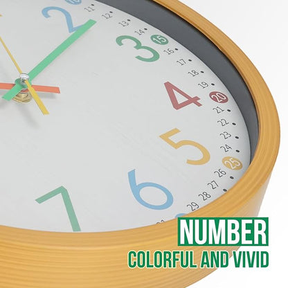 bakbrand Kids Wall Clock Silent Non-Ticking Colorful Childrens Clock Round Decorative Wall Clocks for Classroom, School, Office, Bedroom, Living Room, Kitchen (Birch, 12 inch)