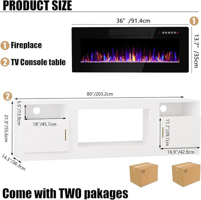VITESSE TV Stand with 36" inch Electric Fireplace Up to 90" TVs, LED Light Entertainment Center, 80" Modern Wood High Gloss Fireplace with Highlight Storage Cabinet for Living Room (White)