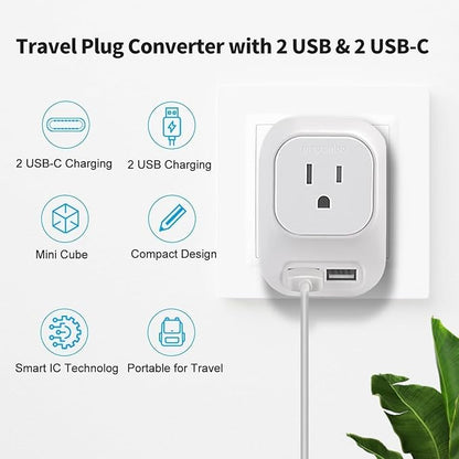 Mapambo Voltage Converter US to Europe Travel: International Universal Travel Adapter with Fast Charging 2 USB-A 2 USB-C Port Worldwide Power Converters Plug Combo for Spain Italy (White)