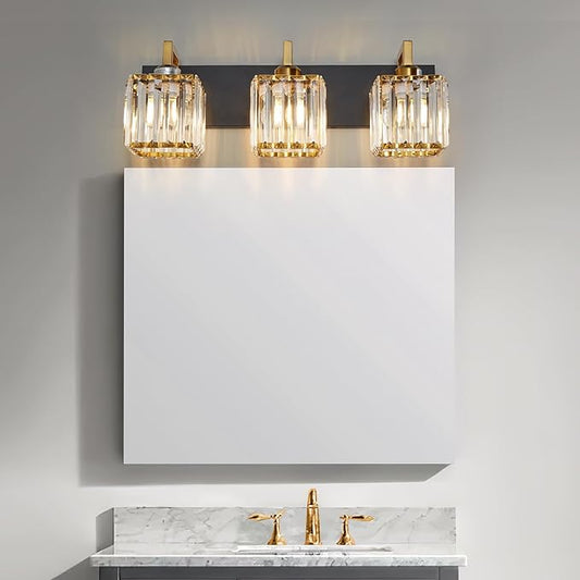FDPBY Modern Bathroom Vanity Light 3-Lights Black Gold Crystal Wall Lamp Bathroom Modern Crystal Vanity Lighting