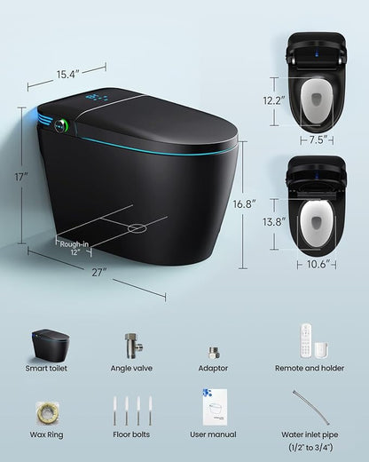 WANSID Black Smart Toilet with Bidet Built In, Auto Open/Close Lid, Heated Seat, Warm Wash & Dryer, Night Light, Soft-Close,Modern Elongated Tankless One Piece Toilets, 1.28 GPF