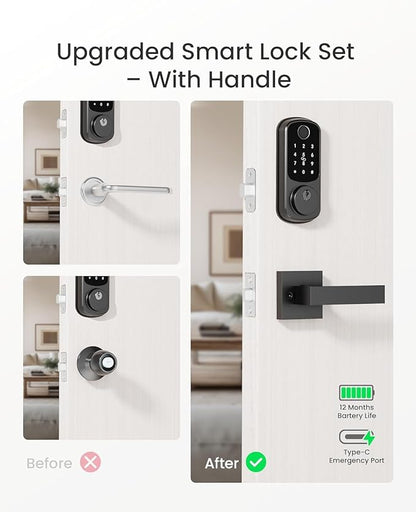 DESLOC B200 Fingerprint Smart Lock with 2 Lever Handles, Keyless Entry Front Door Lock Set, Electronic Keypad Deadbolt, App Control, Auto Lock, Long Battery Life, Secure Home Access