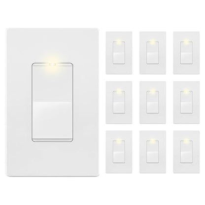 LIDER Minimalist Design Matte Finish Lighted Decorator Switch with Wall Plate, Frameless Paddle Light Switch with Locator Light, 3-Way, Grounding Screw, 15A 120V, UL Listed, White, 10 Pack
