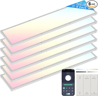 AIKVSXER 6 Pack 1x4 FT LED Flat Panel Light Surface Mount, with Wireless Switch & App Control, Night Mode, 50W 5500LM, 3000K/4000K/6500K, Ultra-Thin LED Light for Office Home,120-277V - White