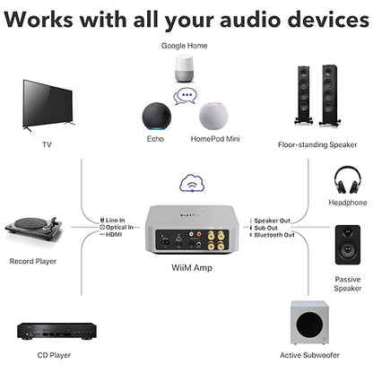 WiiM Amp: Multiroom Streaming Amplifier | Compatible with AirPlay, Google Cast, Alexa | HDMI, Voice Control | Stream from Spotify, Amazon Music, Tidal & More | Silver
