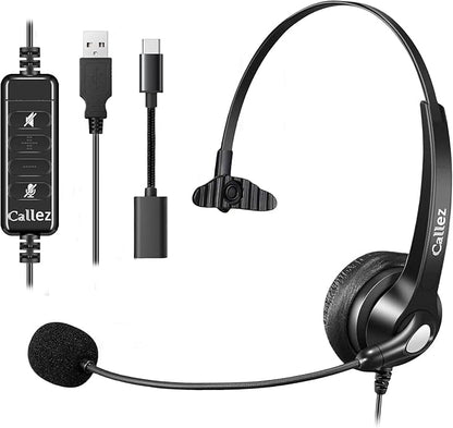 Callez Wired USB Headset, Computer Headset with Mic Noise Cancelling, USB-C Headset for PC Laptop Mac iPhone Samsung Teams Zoom Skype Home Office Work Call Center, in-line Controls Mic Mute