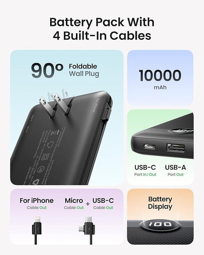 Coowisty Portable Charger with Wall Plug, Slim USB C Power Bank with Built-in Cables, 10000mah LED Display External Battery Pack Compatible with iPhone/Android & More (Black)