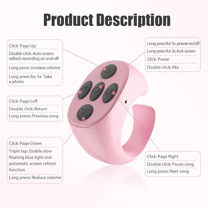 Fingertip Wireless Bluetooth Remote Control, 2026 New Bluetooth Ring Scroller Video Scrolling Ring Remote Control Page Turner (Black, with Charging Base)