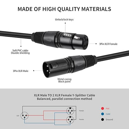 2 Pack XLR Splitter Cable,1 Maleto 2 Female, 1.5FT Stereo Mic to L&R Audio Y-Splitter Cable