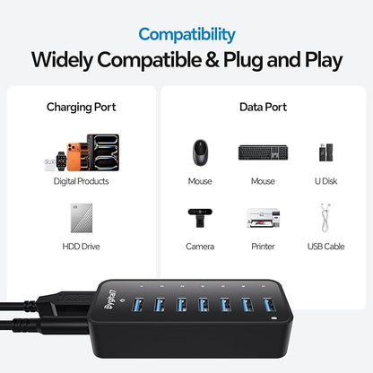 USB 3.0 Hub, 7Ports USB Hub with 1BC1.2 Ports, Multi USB Data Hub Compatible with Mac, Laptops, Desktop, All USB Devices, Mobile and HDD, USB 3.0 Splitter (36W Adapter Included)
