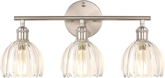 Shenmoyl Bathroom Light Fixtures, 3-Light Vanity Wall Light Over Mirror with Clear Tulip Glass Shade for Bedroom Living Room (Bulb Not Included), Satin Nickel