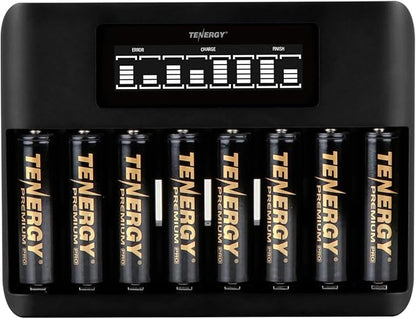 Tenergy 8 Count AA NiMH Premium Pro Rechargeable Batteries and TN480U 8-Bay LCD Display Fast Charger