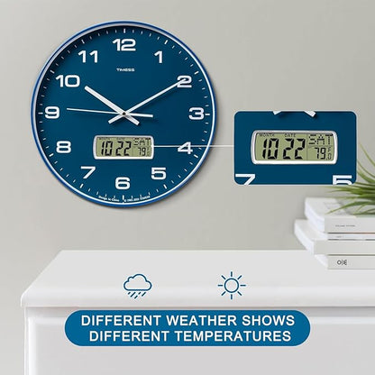 TIMESS Wall Clock, 10" Dial Non-Ticking Silent Battery Operated Analog with LCD Display for Perpetual Calendar and F° Temperature, Ideal Modern Home, Bedroom, Kitchen, Office Decor (Blue)