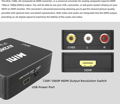 Kirzi AV to HDMI Converter, RCA to HDMI Converter, 1080P Mini RCA Composite CVBS Audio Video Converter Supports PAL/NTSC Compatible with PC/Laptop/Xbox /PS4 /TV/STB/VHS/VCR/Blue-Ray