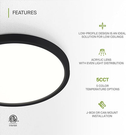 ASD LED 9" Round Flush Mount Ceiling Light Fixture, Low Profile Surface Lighting | 5CCT, Dimmable, Ultra-Thin, ETL Listed | 18W 1660LM 2700-6000K 120V | Kitchen, Bedroom, Hallway Lamp | Black, 6 Pack