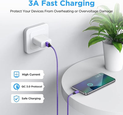 etguuds USB A to USB C Cable 6.6ft, 2-Pack, 3A Fast Charging Type C Charger Cord for iPhone 17 16 15 Pro Max 16e 17 Air, Samsung Galaxy S25 S24 S23 S22 S21 S20 A17 A16 A56 A55 Flip Fold, Purple