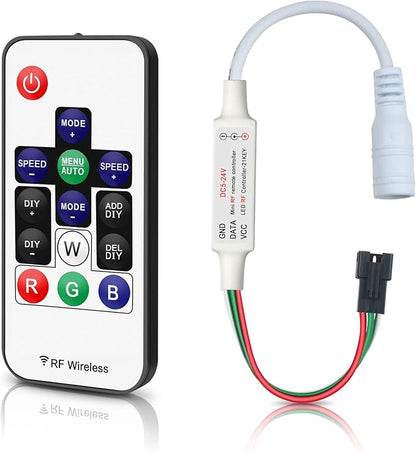 RGBZONE WS2812B RF LED Controller, 3-PIN Mini LED Strip Lights Controller, DC 5V/12V/24V for WS2812 WS2811 Dream Color LED Strip Lights(14 Key)
