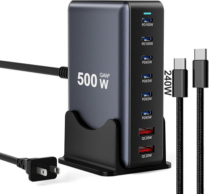 500W Fast Charging 8 Port USB C Charger Block with Nylon Fast Charging Cable, Multi-Device Charging Station Wall Desktop Charger with GaN Ⅲ Technology, USB-C Charger Adapter for MacBook/iPad/iPhone 16