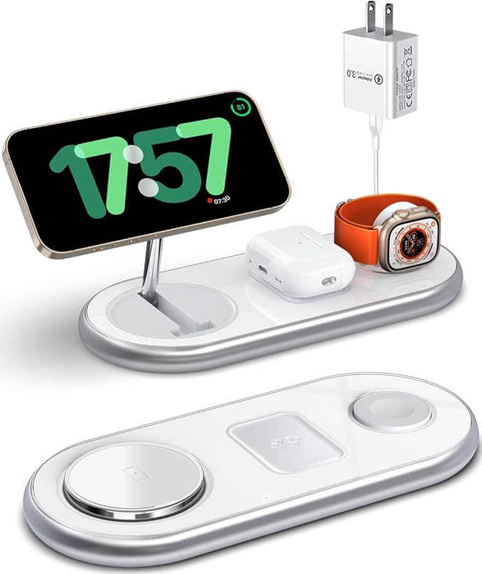 2025 Upgraded 3 in 1 Charging Station for Apple Devices, Fast Magnetic Mag-Safe Wireless Charger Stand for iPhone 15/14/13/12 Series & Apple Watch 1-9/Ultra & AirPods Pro (White)