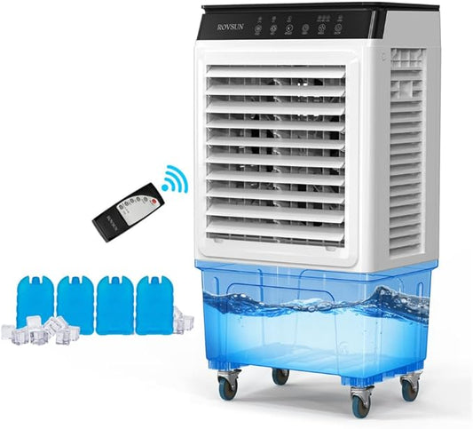 ROVSUN 2300CFM Portable Air Cooler, 7.9Gal/30L Evaporative Swamp Cooler, 3-IN-1 Cooling Fan with Remote Control, 12H Timer & 4 Ice Box, 3 Speeds, Humidifying Oscillating Fan for Indoor or Outdoor