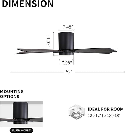 WINGBO 52" DC Flush Mount Ceiling Fan with Lights, 6-Speed Reversible DC Motor, 3CCT, Low Profile Hugger Ceiling Fan for Living Room Bedroom Kitchen, Black Finish and Black/Walnut Blades
