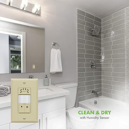 TOPGREENER Humidity Sensor Switch with PIR Lighting Motion Sensor, Neutral Wire Required, Air Moisture Detection for Ventilation Fan, Bathroom Fan Automated Control, UL Listed, TDHOS5-I, Ivory