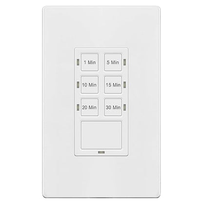 TG 30 Minute No Neutral Wire Countdown Timer Switch, 1-5-10-15-20-30 Min, for Bathroom Fans, Heaters, Lights, LED Indicator, 120VAC 800W, UL Listed, Screwless Wall Plate, White
