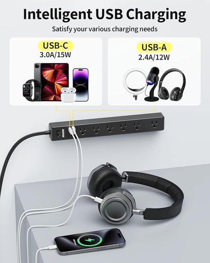 6 Ft Power Strip Surge Protector - 7 Outlets 4 USB Ports (2 USB C), Ultra Thin Flat Extension Cord & Flat Plug, 1700 Joules, Wall Mount, Desk Charging Station for Home Office Dorm, Black